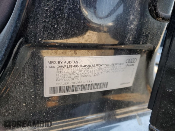 2006 Audi A4 2.0T z VIN WAUDF78E06A186339, wystawiony jako Copart lot #73896364 z przebiegiem Nie podano mil oraz Szkoda całkowita • Salvage title. Historia ofert i sprzedaży dostępna na DreamBid. Obrazek 13.