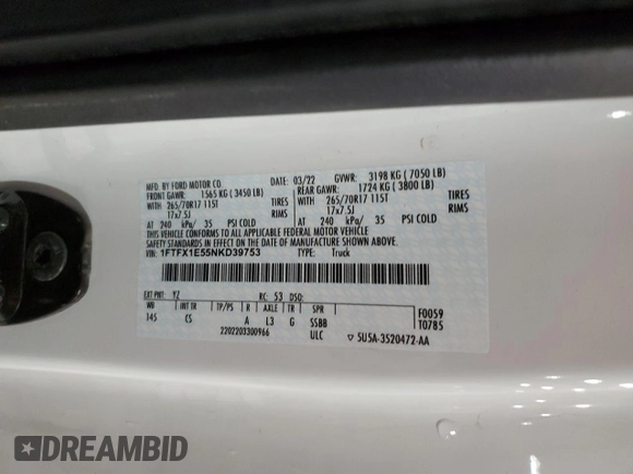 2022 Ford F-150 XL with VIN 1FTFX1E55NKD39753, listed as a Copart auction lot 87063394 with 50,191 mi miles and Salvage title. Bid and sale history available at DreamBid. Image 13.