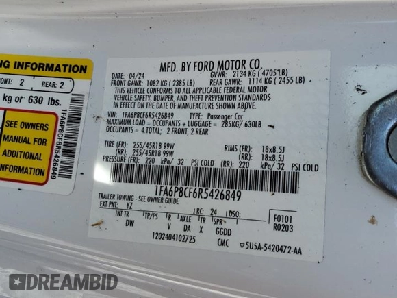 2024 Ford Mustang GT with VIN 1FA6P8CF6R5426849, listed as a Copart auction lot 52545105 with Not Provided miles and Salvage Title. Bid and sale history available at DreamBid. Image 12.