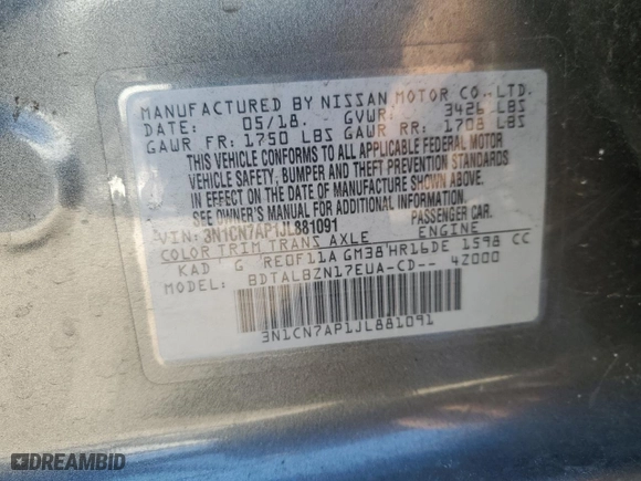 2018 Nissan Versa Sedan SV with VIN 3N1CN7AP1JL881091, listed as a Copart auction lot 48149825 with 0 mi miles and Salvage Title. Bid and sale history available at carsss.com. Image 13.