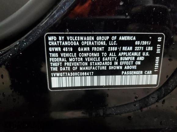2017 Volkswagen Passat SE with VIN 1VWGT7A30HC066417, listed as a Copart auction lot 53433215 with 85,611 mi miles and Salvage title. Bid and sale history available at DreamBid. Image 14.