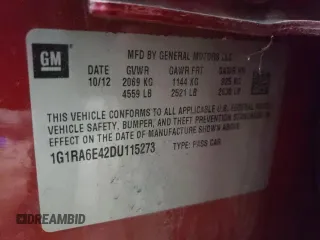 2013 Chevrolet Volt with VIN 1G1RA6E42DU115273, listed as a Copart auction lot 54125015 with 214,947 mi miles and Clean Title. Bid and sale history available at carsss.com. Image 12.