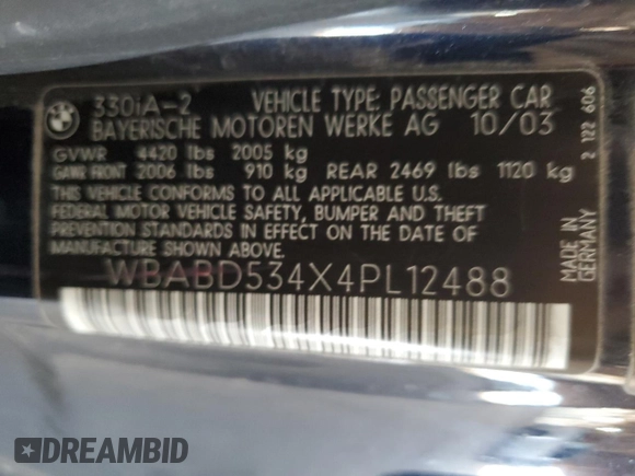 2004 BMW 3 Series 330Ci with VIN WBABD534X4PL12488, listed as a Copart auction lot 50085355 with 124,114 mi miles and Salvage Title. Bid and sale history available at carsss.com. Image 14.