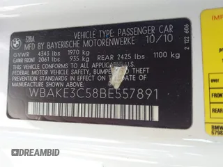 2011 BMW 3 Series 328i with VIN WBAKE3C58BE557891, listed as a IAAI auction lot 41717023 with 99,053 mi miles and . Bid and sale history available at carsss.com. Image 9.