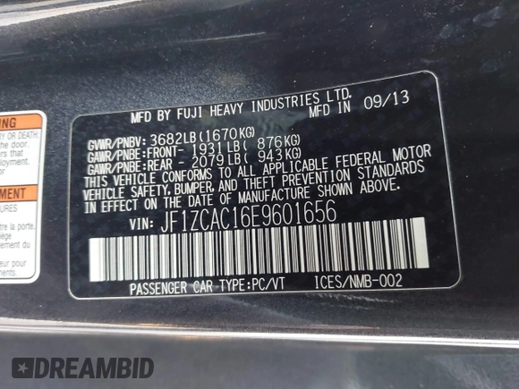 2014 Subaru BRZ Limited with VIN JF1ZCAC16E9601656, listed as a IAAI auction lot 41237518 with 75,490 mi miles. Bid and sale history available at carsss.com. Image 9.