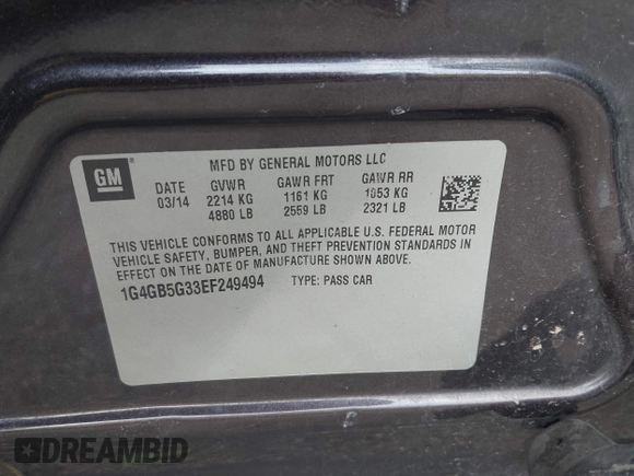 2014 Buick LaCrosse Leather with VIN 1G4GB5G33EF249494, listed as a IAAI auction lot 42538524 with 209,091 mi miles and . Bid and sale history available at DreamBid. Image 9.