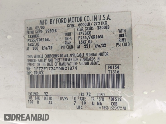 2000 Ford F-150 XL with VIN 1FTZF1724YNB21874, listed as a IAAI auction lot 42489948 with 117,906 mi miles and . Bid and sale history available at DreamBid. Image 9.