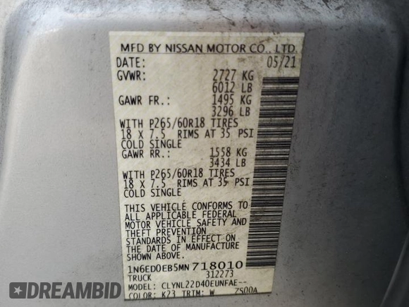 2021 Nissan Frontier SV z VIN 1N6ED0EB5MN718010, wystawiony jako Copart lot #59745975 z przebiegiem 51 832 mil mil oraz Szkoda całkowita • Salvage title. Historia ofert i sprzedaży dostępna na DreamBid. Obrazek 12.
