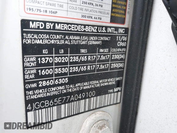 2007 Mercedes-Benz R 3.5L with VIN 4JGCB65E77A049100, listed as a IAAI auction lot 42503165 with 167,129 mi miles and . Bid and sale history available at DreamBid. Image 9.