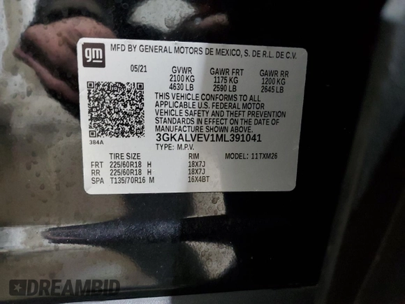 2021 GMC Terrain SLT z VIN 3GKALVEV1ML391041, wystawiony jako Copart lot #59971265 z przebiegiem 78 860 mil mil oraz Nie do naprawy • Non repairable. Historia ofert i sprzedaży dostępna na DreamBid. Obrazek 13.