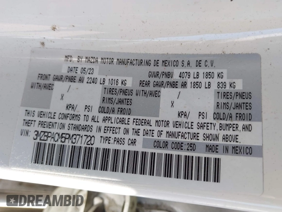 2023 Mazda 3 S Preferred with VIN 3MZBPACM5PM371720, listed as a IAAI auction lot 41835415 with 22,842 mi miles and . Bid and sale history available at DreamBid. Image 9.
