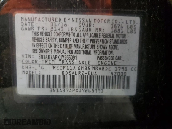 2018 Nissan Sentra S with VIN 3N1AB7APXJY265991, listed as a Copart auction lot 55996075 with 85,193 mi miles and Clean Title. Bid and sale history available at DreamBid. Image 13.