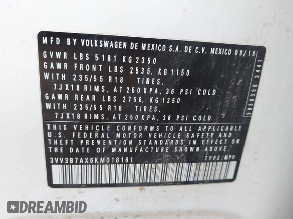 2019 Volkswagen Tiguan SE with VIN 3VV3B7AX6KM018161, listed as a IAAI auction lot 42279398 with 96,534 mi miles and . Bid and sale history available at DreamBid. Image 9.