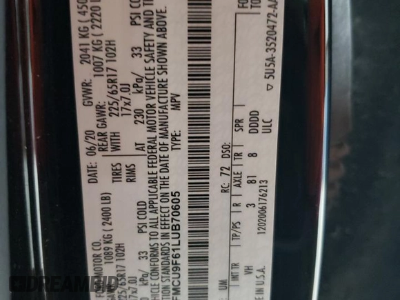 2020 Ford Escape S with VIN 1FMCU9F61LUB70605, listed as a Copart auction lot 58466065 with 70,348 mi miles and Salvage title. Bid and sale history available at DreamBid. Image 14.