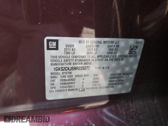 2017 GMC Yukon Denali with VIN 1GKS2CKJ5HR229277, listed as a Copart auction lot 87868105 with 95,714 mi miles and Salvage Title. Bid and sale history available at carsss.com. Image 13.