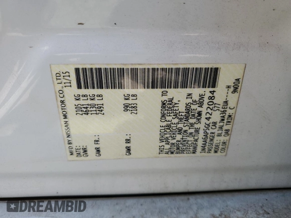 2016 Nissan Maxima SV with VIN 1N4AA6AP5GC422084, listed as a Copart auction lot 51820335 with 175,637 mi miles and Salvage Title. Bid and sale history available at DreamBid. Image 12.