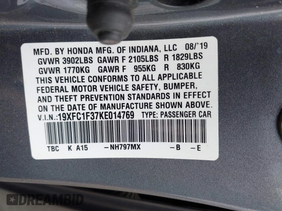 2019 Honda Civic EX с VIN 19XFC1F37KE014769, выставлен на аукционе IAAI как лот 42296893 с пробегом 48 561 миль миль и . История ставок и продаж доступна на DreamBid. Изображение 9.
