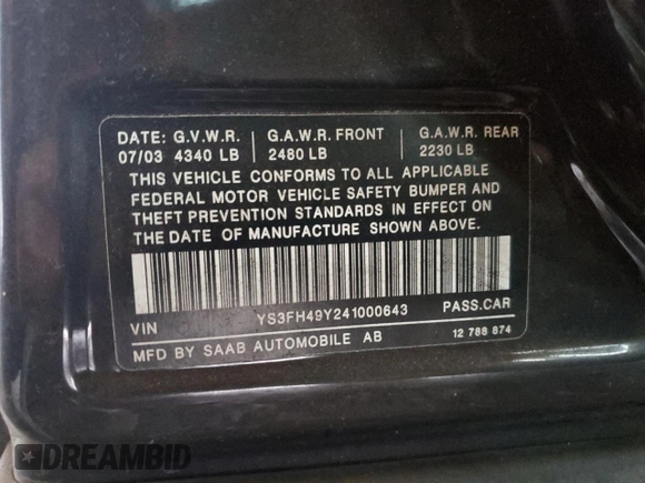 2004 Saab 9-3 Aero with VIN YS3FH49Y241000643, listed as a Copart auction lot 83896984 with 135,836 mi miles and Clean Title. Bid and sale history available at carsss.com. Image 12.