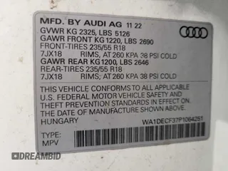 2023 Audi Q3 S line Premium with VIN WA1DECF37P1064251, listed as a IAAI auction lot 42791686 with 56,584 mi miles and . Bid and sale history available at DreamBid. Image 12.