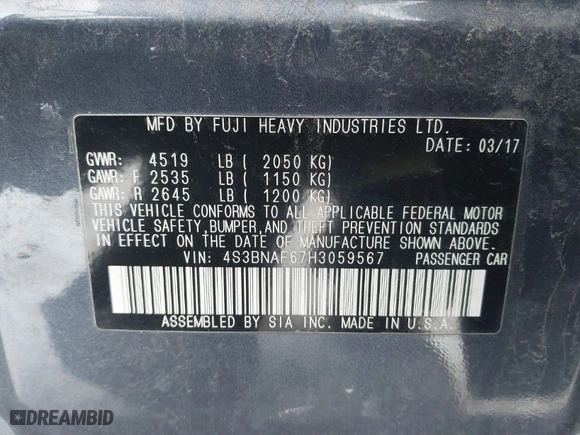 2017 Subaru Legacy Premium with VIN 4S3BNAF67H3059567, listed as a IAAI auction lot 41575063 with 275,719 mi miles. Bid and sale history available at carsss.com. Image 9.