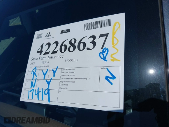 2023 Tesla Model 3 z VIN 5YJ3E1EA6PF694419, wystawiony jako IAAI lot #42268637 z przebiegiem 17 419 mil mil oraz . Historia ofert i sprzedaży dostępna na DreamBid. Obrazek 19.