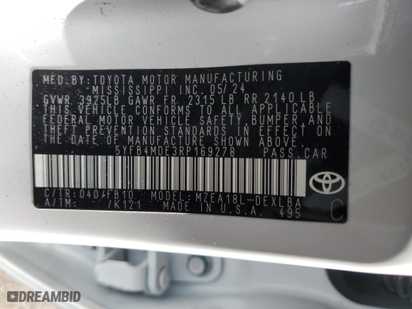 2024 Toyota Corolla LE with VIN 5YFB4MDE3RP169278, listed as a Copart auction lot 46865255 with 9,424 mi miles and Salvage Title. Bid and sale history available at carsss.com. Image 12.