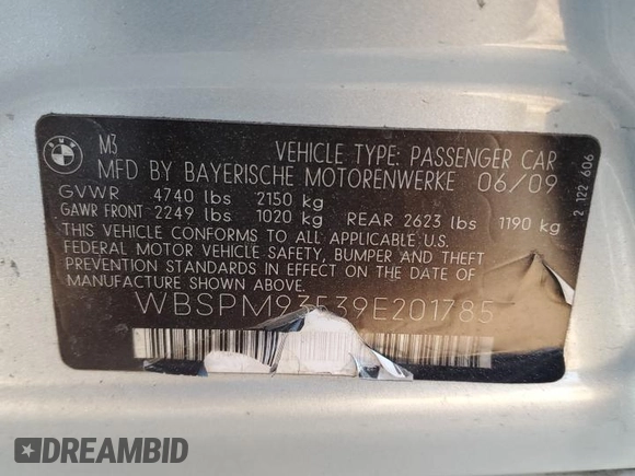 2009 BMW M3 with VIN WBSPM93539E201785, listed as a Copart auction lot 42153135 with 140,557 mi miles and Salvage title. Bid and sale history available at DreamBid. Image 12.