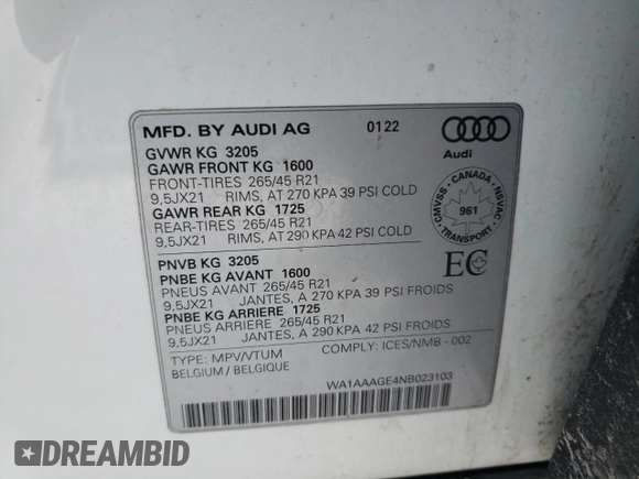 2022 Audi e-tron Premium with VIN WA1AAAGE4NB023103, listed as a Copart auction lot 43551575 with 97,461 mi miles and Salvage Title. Bid and sale history available at DreamBid. Image 14.