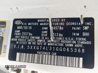 2016 Kia Optima LX with VIN 5XXGT4L31GG065368, listed as a IAAI auction lot 42600407 with 92,934 mi miles and . Bid and sale history available at DreamBid. Image 9.