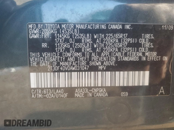 2010 Toyota RAV4 Limited with VIN 2T3DF4DV0AW031047, listed as a Copart auction lot 55529135 with 138,817 mi miles and Salvage title. Bid and sale history available at DreamBid. Image 13.