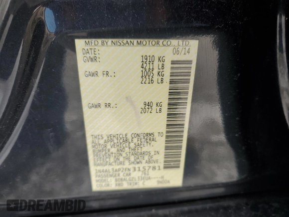 2015 Nissan Altima SL with VIN 1N4AL3AP2FN315781, listed as a Copart auction lot 46283905 with 135,009 mi miles and Clean Title. Bid and sale history available at DreamBid. Image 14.