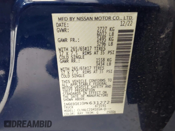 2023 Nissan Frontier SV with VIN 1N6ED1EJ3PN631272, listed as a IAAI auction lot 42282570 with 50,982 mi miles and . Bid and sale history available at DreamBid. Image 9.