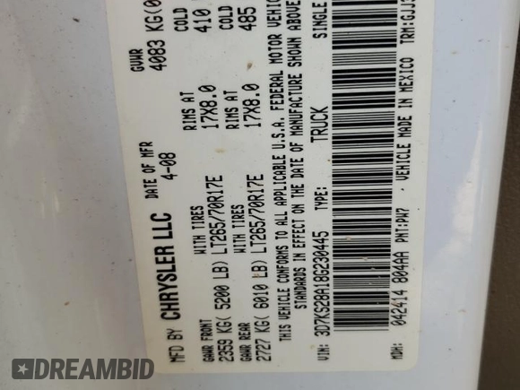 2008 Dodge 2500 Laramie with VIN 3D7KS28A18G230445, listed as a Copart auction lot 56110605 with 261,092 mi miles and Salvage title. Bid and sale history available at DreamBid. Image 12.