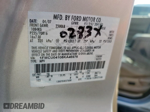 2008 Ford Escape Limited with VIN 1FMCU04108KA46976, listed as a Copart auction lot 60576595 with 177,256 mi miles and Salvage title. Bid and sale history available at DreamBid. Image 13.