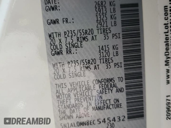 2014 Infiniti QX60 with VIN 5N1AL0MN8EC545432, listed as a Copart auction lot 63091435 with 156,113 mi miles and Salvage title. Bid and sale history available at DreamBid. Image 13.