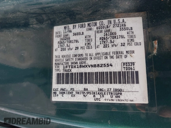 1997 Ford F-150 XL with VIN 1FTDX18WXVNB82554, listed as a IAAI auction lot 41821547 with 236,735 mi miles. Bid and sale history available at carsss.com. Image 9.