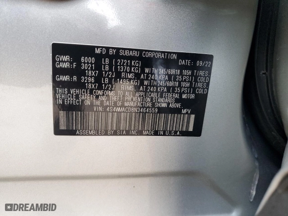 2022 Subaru Ascent Premium with VIN 4S4WMACD8N3464559, listed as a Copart auction lot 83460714 with NaN miles and Salvage Title. Bid and sale history available at carsss.com. Image 14.