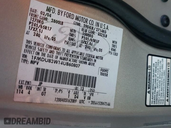 2004 Ford Explorer с VIN 1FMDU83W14UB60807, выставлен на аукционе Copart как лот 81736064 с пробегом 132 295 миль миль и Списание • Salvage title. История ставок и продаж доступна на DreamBid. Изображение 13.