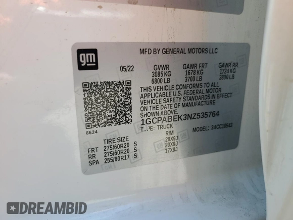 2022 Chevrolet Silverado 1500 Custom with VIN 1GCPABEK3NZ535764, listed as a Copart auction lot 53721735 with Not Provided miles and Salvage Title. Bid and sale history available at DreamBid. Image 12.