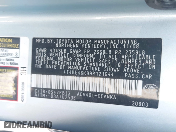 2009 Toyota Camry with VIN 4T4BE46K99R121644, listed as a IAAI auction lot 42095734 with 152,107 mi miles and . Bid and sale history available at DreamBid. Image 9.