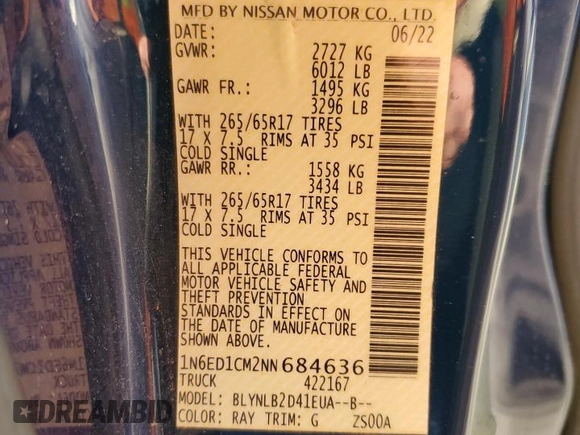 2022 Nissan Frontier SV with VIN 1N6ED1CM2NN684636, listed as a Copart auction lot 85599764 with 41,408 mi miles and Salvage title. Bid and sale history available at DreamBid. Image 13.