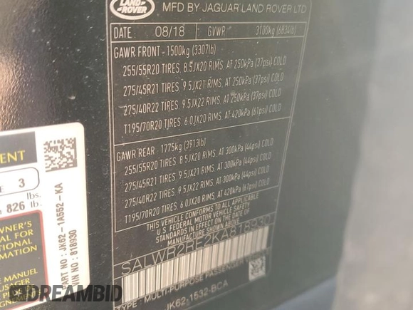 2019 Land Rover Range Rover Sport Dynamic with VIN SALWR2RE2KA818930, listed as a Copart auction lot 43557155 with 0 mi miles and Salvage Title. Bid and sale history available at carsss.com. Image 15.