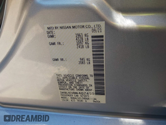2021 Nissan Altima 2.5 SR with VIN 1N4BL4CV8MN407450, listed as a IAAI auction lot 41011267 with 27,605 mi miles. Bid and sale history available at carsss.com. Image 9.