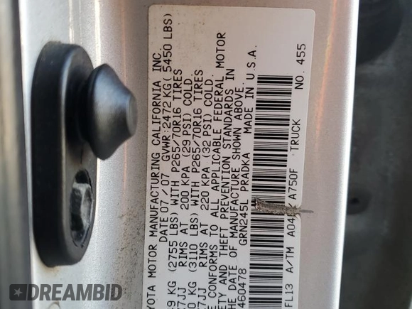 2007 Toyota Tacoma with VIN 5TELU42N07Z460478, listed as a Copart auction lot 52333905 with 271,727 mi miles and Salvage Title. Bid and sale history available at DreamBid. Image 12.