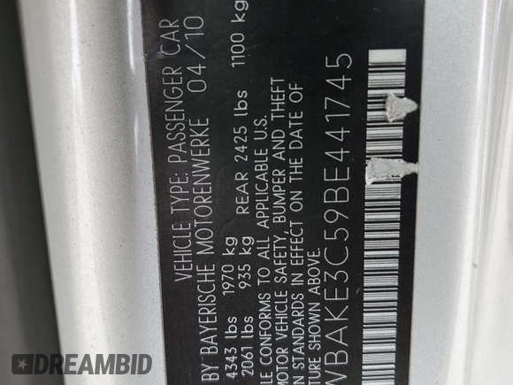 2011 BMW 3 Series 328i with VIN WBAKE3C59BE441745, listed as a Copart auction lot 49334705 with 172,072 mi miles and Salvage Title. Bid and sale history available at DreamBid. Image 12.