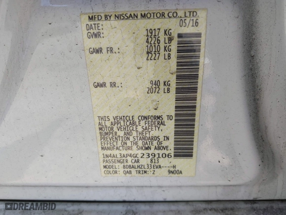 2016 Nissan Altima 2.5 SL with VIN 1N4AL3AP4GC239106, listed as a IAAI auction lot 41738514 with 1 mi miles. Bid and sale history available at carsss.com. Image 9.
