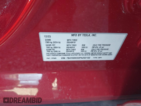 2023 Tesla Model Y Long Range with VIN 7SAYGDEE0PA202150, listed as a IAAI auction lot 41735258 with 22,131 mi miles and . Bid and sale history available at DreamBid. Image 9.