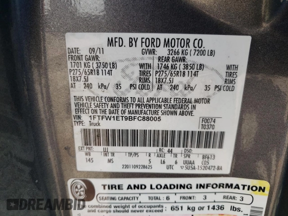 2011 Ford F-150 XLT with VIN 1FTFW1ET9BFC88005, listed as a Copart auction lot 49379465 with 154,459 mi miles and Salvage Title. Bid and sale history available at carsss.com. Image 14.