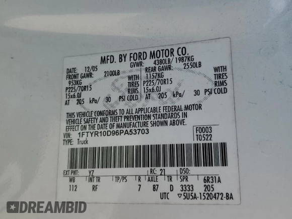 2006 Ford Ranger XL with VIN 1FTYR10D96PA53703, listed as a Copart auction lot 43876215 with 38,322 mi miles and Salvage Title. Bid and sale history available at DreamBid. Image 14.