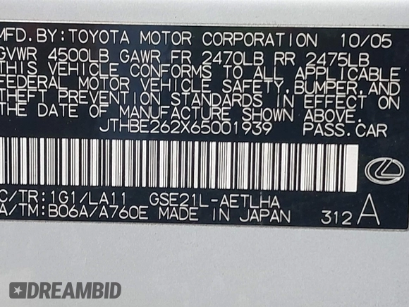 2006 Lexus IS 350 with VIN JTHBE262X65001939, listed as a IAAI auction lot 42454686 with 186,536 mi miles and . Bid and sale history available at DreamBid. Image 9.